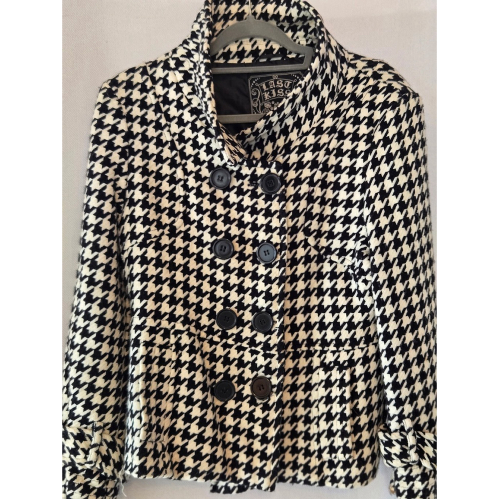 Women's LAST KISS Black White Houndstooth Pea Coat L